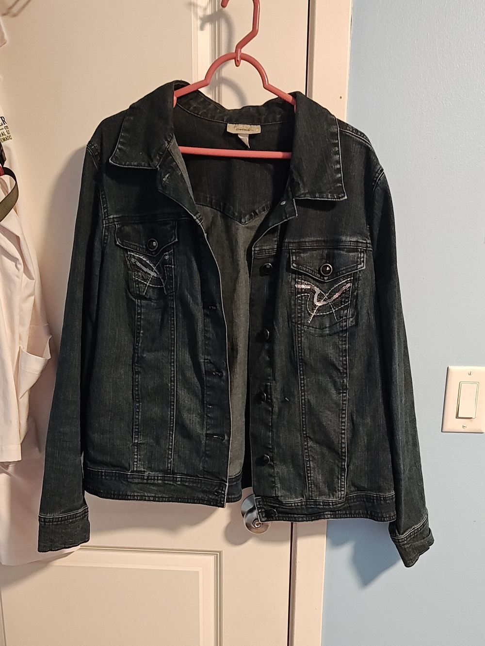 dressbarn Black Washed Denim Jacket with Embroidered Pockets